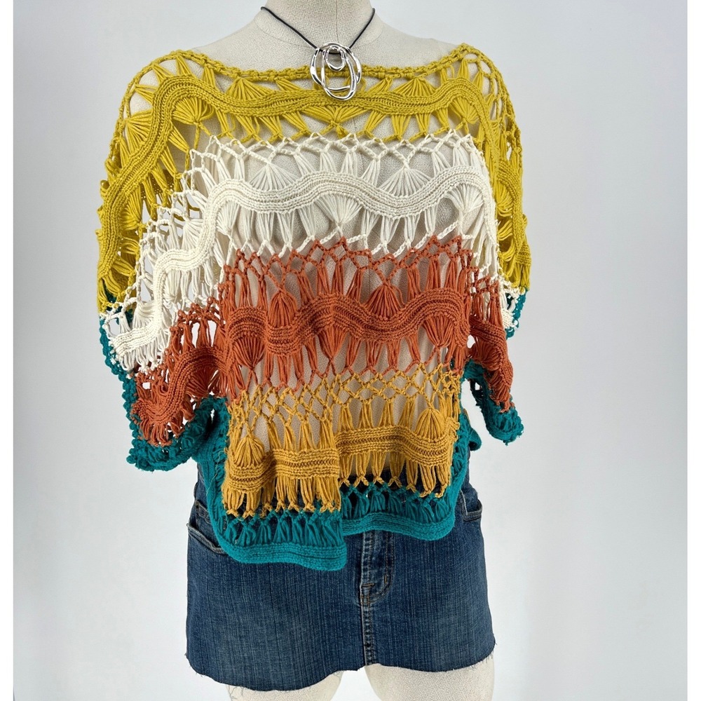 Festival Boho Crochet Colorblock Open Knit Crop Top Short Sleeve Womens OS